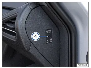 Volkswagen ID.3 Abb. 2 Bei geöffneter Beifahrertür (Linkslenker): Schlüsselschalter in der Instrumententafel (Rechtslenker ist spiegelbildlich).