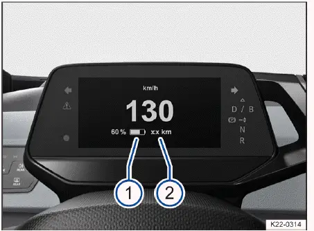 Volkswagen ID.4 digital instrument cluster battery charge level and driving range display overview